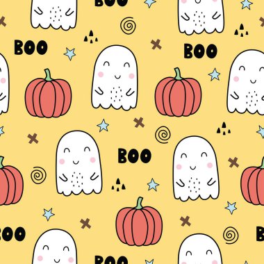 Cadılar Bayramı kusursuz. Hayalet ve balkabağı. Çocuk tarzında elle çizilmiş bir karikatür. İzler, duvar kağıtları, tekstil, moda, vektör çizimleri için kullan.