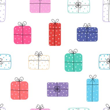 Kusursuz Noel Arkaplan Vektör Deseni Hediye Kutusu El ile çizgi film stili, baskı, illüstrasyon, duvar kağıdı, kumaş, moda tekstil tasarımı