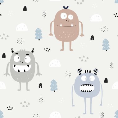 Canavar desensiz sevimli canavar karikatür arka plan çizimi çocuk stili el tasarımı kumaş, tekstil, baskı, duvar kağıdı. Vektör illüstrasyonu