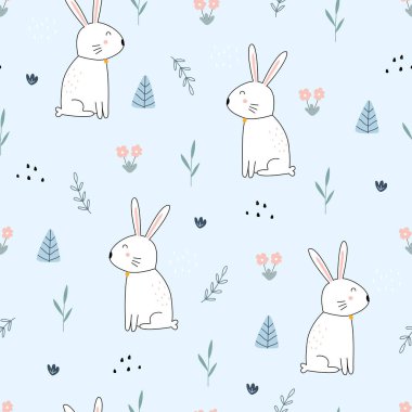 Kusursuz desenli şirin çizgi film arka planında çiçek bahçeli beyaz tavşan çocuk stili çizilmiş el baskı, duvar kağıdı, dekorasyon, tekstil için kullanılıyor. Vektör illüstrasyonu
