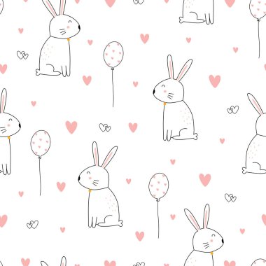Kusursuz desenli, karikatürlü, kalbi balonlu bir tavşanı olan, el çizimi çocuk stili, baskı, duvar kâğıdı, dekorasyon, tekstil. Vektör illüstrasyonu