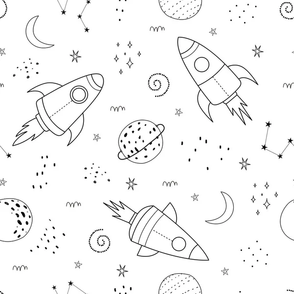 Seamless Pattern Space Background Contains Planets Rockets Doodle Style Hand — Stock Vector