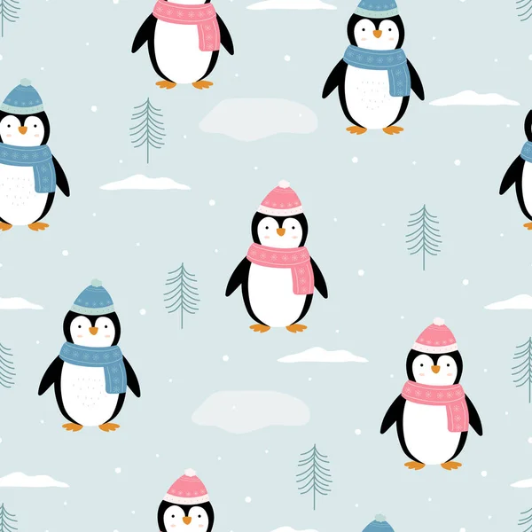 Tučňák Sněhem Pozadí Roztomilé Kreslené Ručně Kreslené Zvířata Bezešvé Vektorový — Stockový vektor