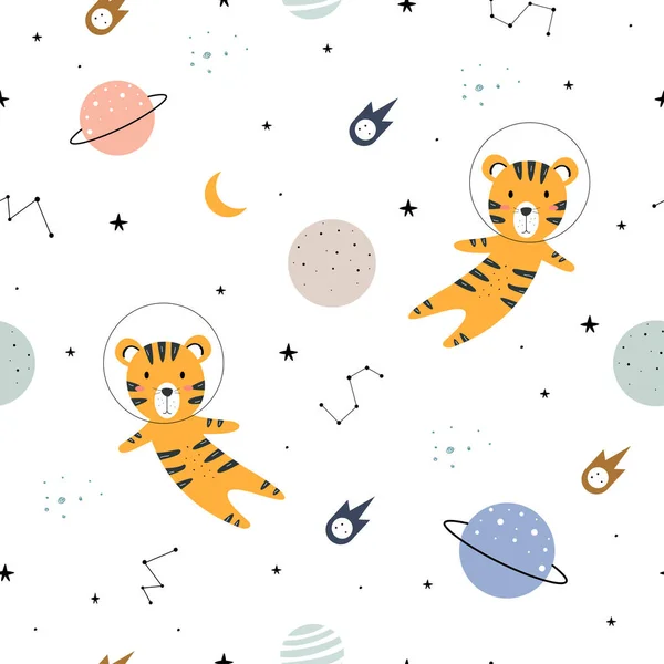 Padrão Sem Costura Tigre Flutua Espaço Estrelado Cute Desenhos Animados — Vetor de Stock