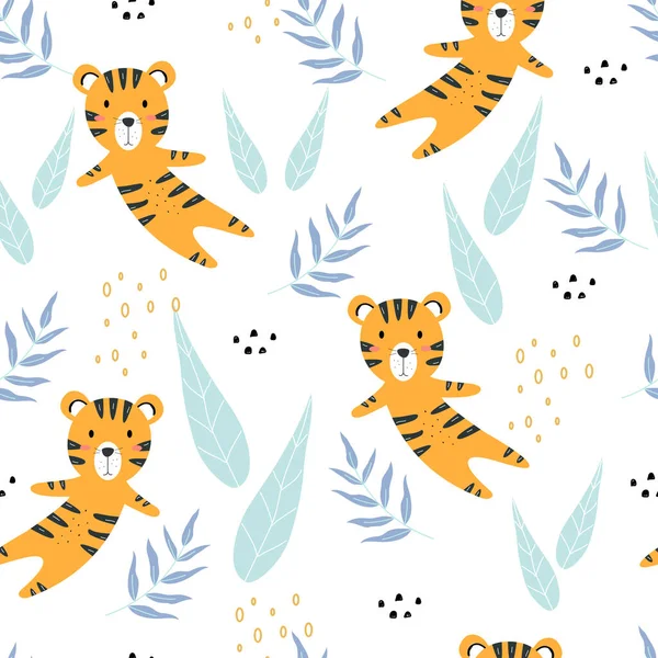 Mignon Dessin Animé Fond Animal Vecteur Motif Tigre Sans Couture — Image vectorielle