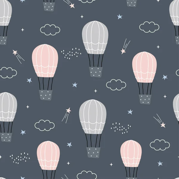 シームレスなパターンの背景漫画雲や星と夜空に浮かぶ気球 子供のスタイルで手描きのデザイン ベビー服のための使用 — ストックベクタ