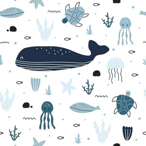 ブルークジラと海洋生物シームレスかわいい動物の漫画の背景印刷 ベクターイラストのための使用 — ストックベクタ