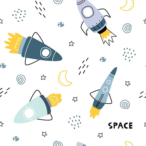 Space Background Illustration Rockets Stars Hand Drawn Seamless Vector Pattern — Stock Vector