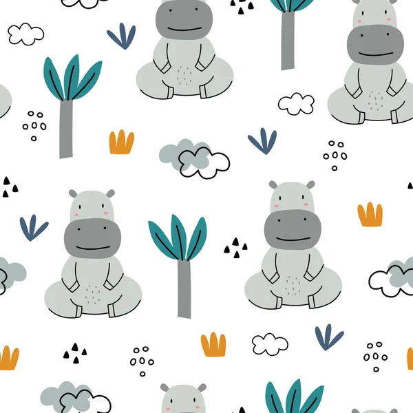 Seamless Pattern Animal Cartoon Background Hippos Trees Hand Drawn Children — Stock Vector