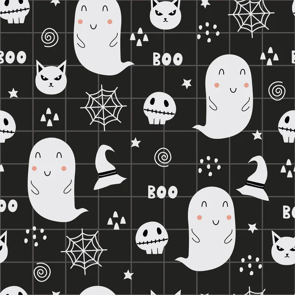 Design Padrão Vetorial Sem Costura Halloween Símbolos Halloween Têm Fantasmas — Vetor de Stock