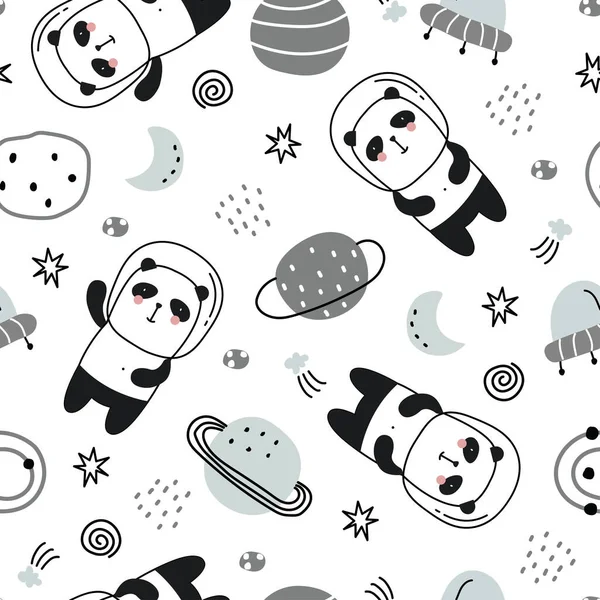 Cartoon Animal Background Kids Seamless Pattern Pandas Floating Space Stars — Stock Vector