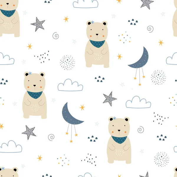 Bear Sky Stars Seamless Pattern Cute Cartoon Animal Background Hand — Stock Vector