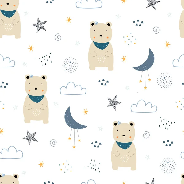 Bear with the sky and stars Seamless pattern Cute cartoon animal background hand-drawn in children's style for print, wallpaper, decorative, fabric, textile. Vector illustration