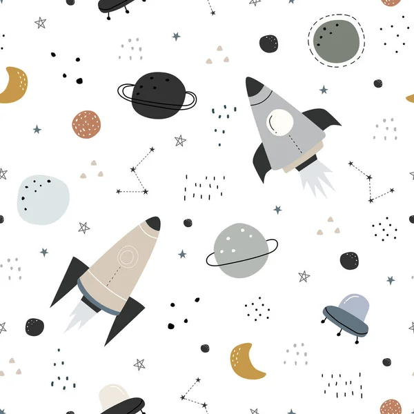 Space Background Illustration Stars Rocket Seamless Vector Pattern Hand Drawn — Stock Vector
