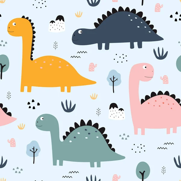 恐竜や木子供のスタイルで描かれたシームレスなパターンかわいい漫画動物の背景手印刷 ファブリック テキスタイルベクトルイラストに使用されるデザイン — ストックベクタ