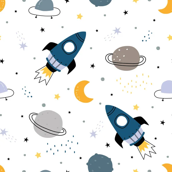 Space Background Illustration Stars Rockets Seamless Vector Pattern Hand Drawn — Stock Vector