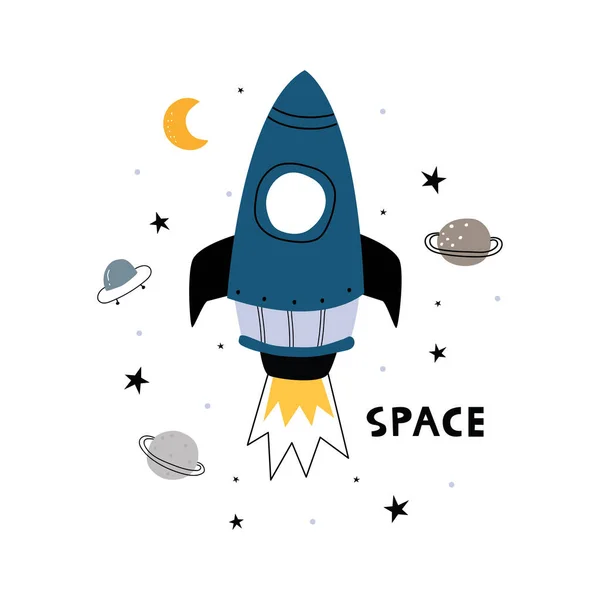Rocket Ship Stars White Background Flat Icon Vector Illustration Shuttle — Stock Vector