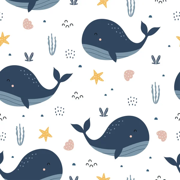 海のサンゴとブルークジラかわいい漫画の背景シームレスなパターン繊維 衣類パターン ベクトルイラストに使用されるデザイン — ストックベクタ