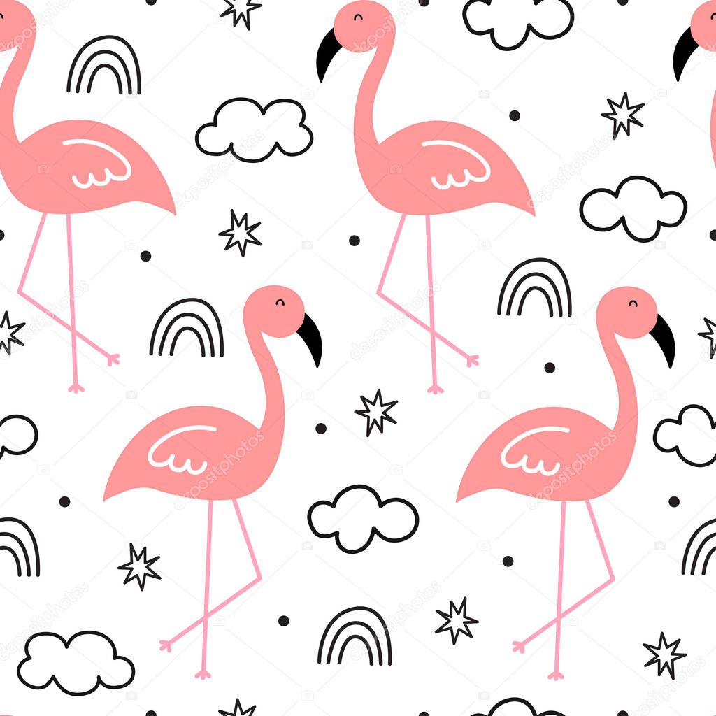 seamless animal pattern flamingos and clouds hand drawn cartoon background in children's style design used for print, wallpaper, cloth, textile, vector illustration