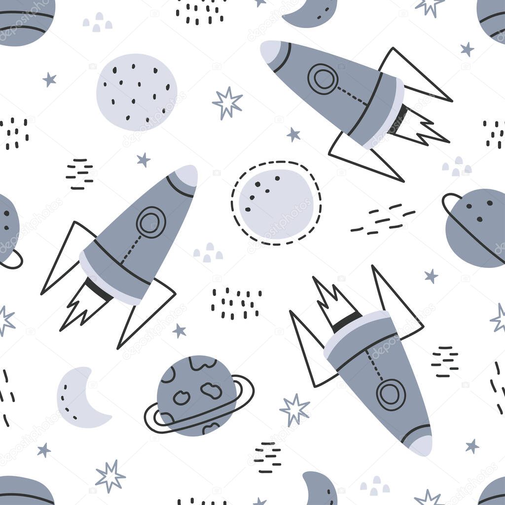 space background illustration with stars and rockets hand drawn seamless vector pattern in cartoon style used for printing wallpaper decorative fabric textile