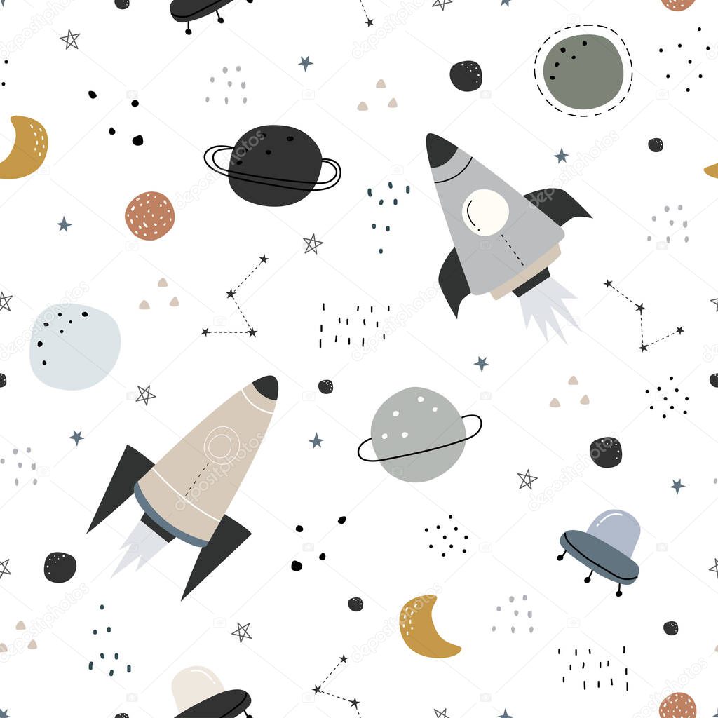 Space background illustration with stars and rocket Seamless vector pattern hand drawn in cartoon style used for print, wallpaper, decoration, fabric, textile.