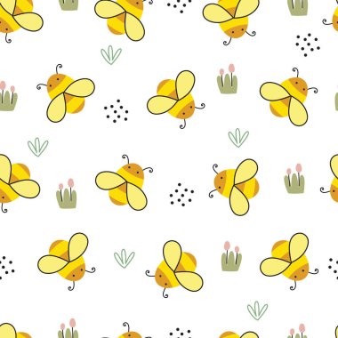 Çocuklar için hoş, pürüzsüz bir model. Arı ve çiçek arka planlı çizgi film hayvanı Çocuk stili el yapımı tasarım. Yazdırma, duvar kağıdı, hediye paketi, tekstil, vektör çizimleri için kullan.