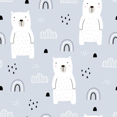 Beyaz ayı ve gökkuşağı çocuk tarzı el çizimi tasarımı olan kusursuz çocuklar için çizgi film arka planı. Kumaş, tekstil, duvar kağıdı baskısı, dekorasyon, vektör illüstrasyonu için kullan.