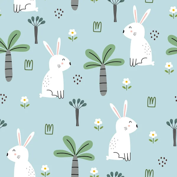 Conejo Blanco Con Árboles Flores Patrón Sin Costuras Lindo Dibujo — Vector de stock