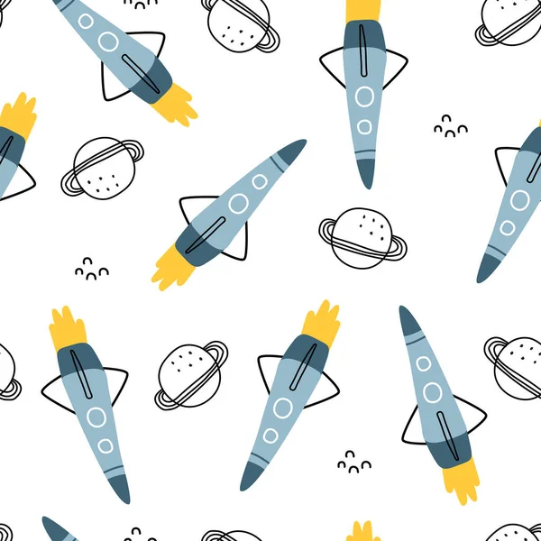 Spaceships Stars Seamless Pattern Hand Drawn Kids Background Cartoon Style — Stock Vector