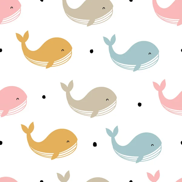 カラフルなクジラのシームレスなパターン テキスタイル 服のパターン プリント 壁紙のための漫画スタイルで描かれた海の生き物の背景の手のデザインベクトルイラスト — ストックベクタ