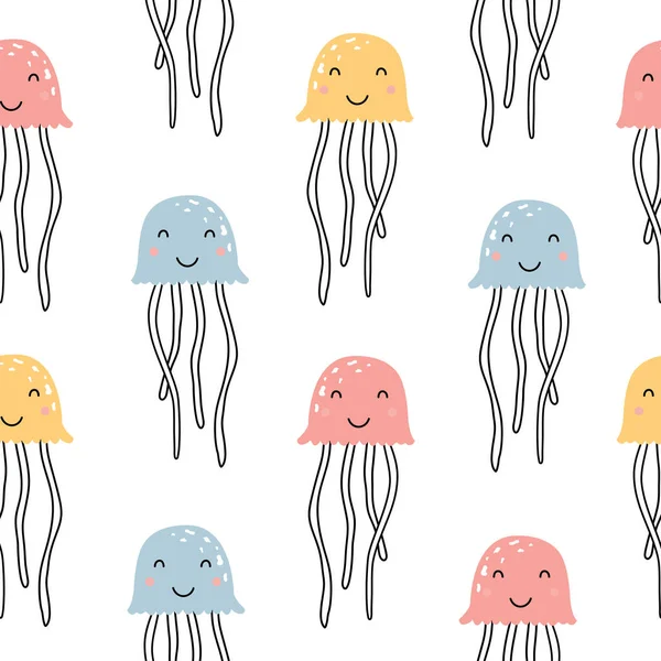 海洋生物水母无缝图案手绘卡通动物背景儿童风格设计用于印刷品 纺织品 时尚矢量画图 — 图库矢量图片