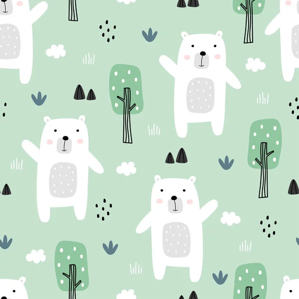 Cartoon Animal Background Kids Seamless Pattern White Bear Tree Kids — Stock Vector