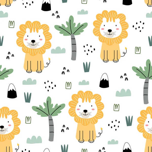 Seamless pattern cartoon animal background with lions and trees Hand drawn design in children's style. used for fabric patterns, textiles, wallpaper, vector illustration