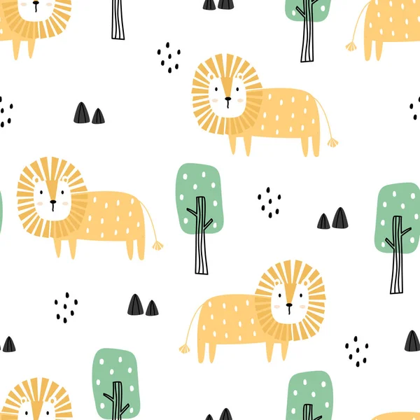 León Árbol Sin Costura Dibujado Mano Lindo Fondo Animal Dibujos — Vector de stock