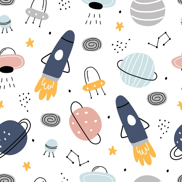 Space Background Kids Spaceship Stars Seamless Pattern Design Cartoon Style — Stock Vector