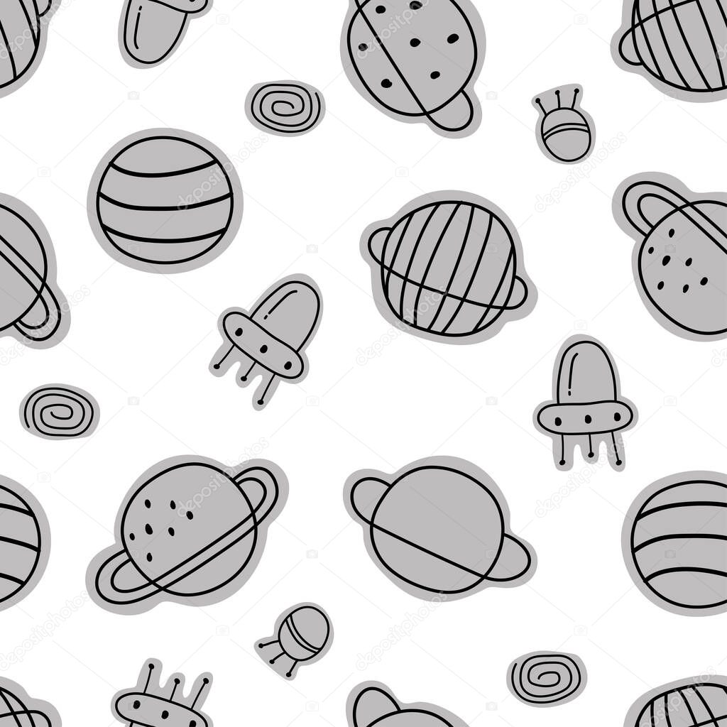 Seamless space and stars pattern for kids. hand drawn stars background in cartoon style Used for prints, wallpapers, decorations, textiles, vector illustrations.