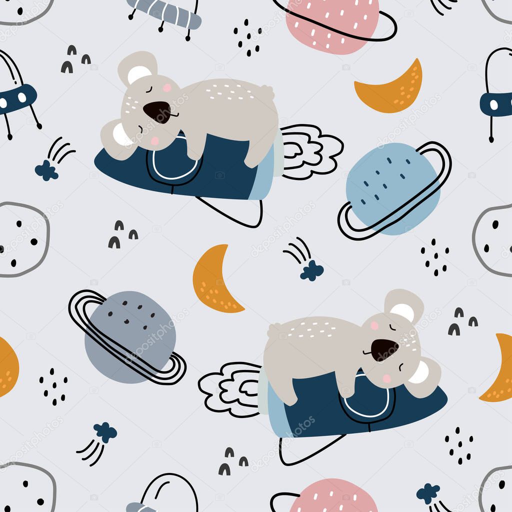 Space background illustration with stars and koala on rocket Seamless vector pattern hand-drawn in cartoon style used for print, wallpaper, decoration, fabric, textile.