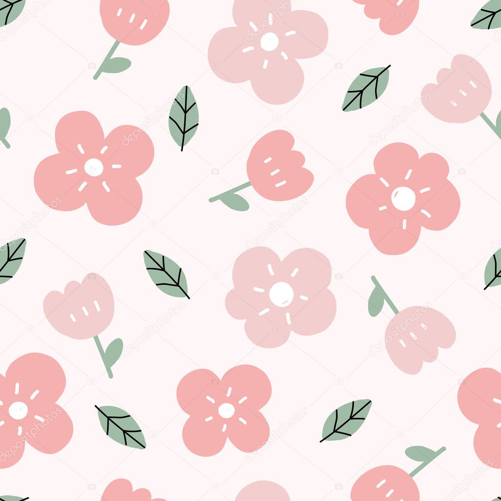 Seamless pattern floral background randomly placed on a pink background hand drawn design in cartoon style Used for prints, wallpapers, fabrics, textiles, vector illustrations.