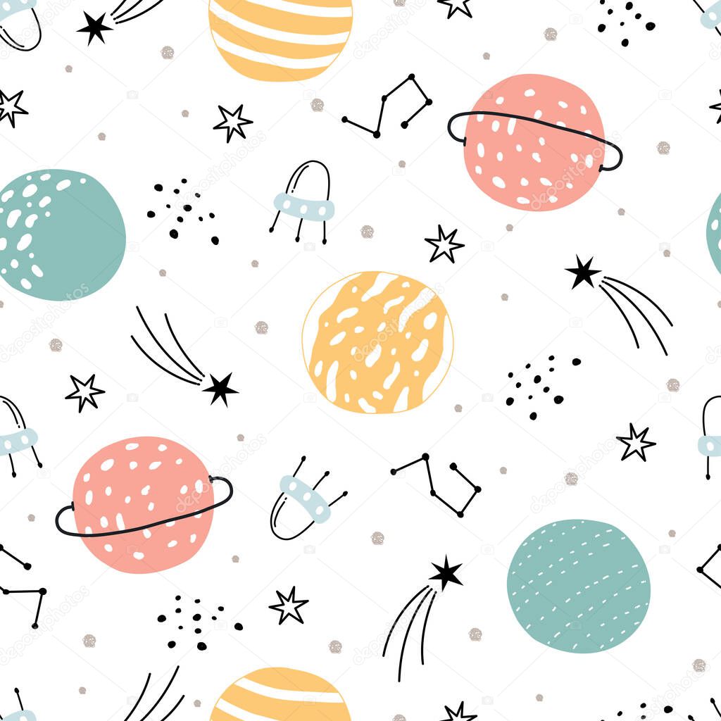 Space and stars seamless pattern for kids. Hand drawn stars background in cartoon style Use for prints, wallpaper, decorations, textiles. Vector illustration.