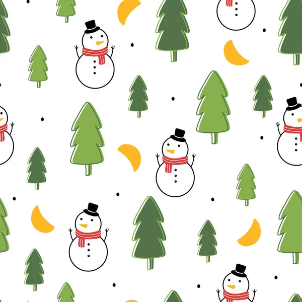 Bezešvé Vánoční Pozadí Vektor Vzor Sněhulákem Vánoční Stromeček Ručně Kreslený — Stockový vektor