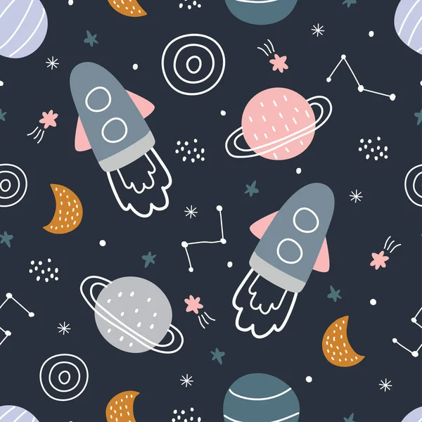 Space Background Illustration Stars Rockets Hand Drawn Seamless Vector Pattern — Stock Vector