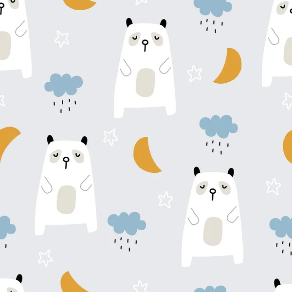 Cartoon Animal Background Kids Seamless Pattern White Bear Moon Kids — Stock Vector