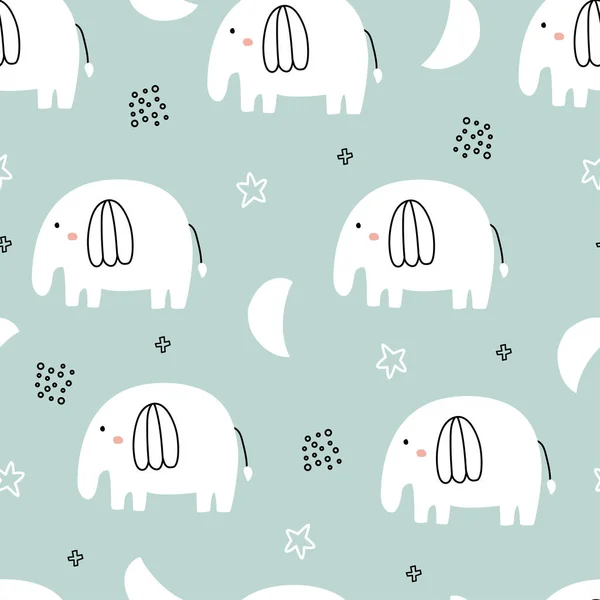 Little Elephant Seamless Pattern Cute Cartoon Animal Background Hand Drawn — Stock Vector