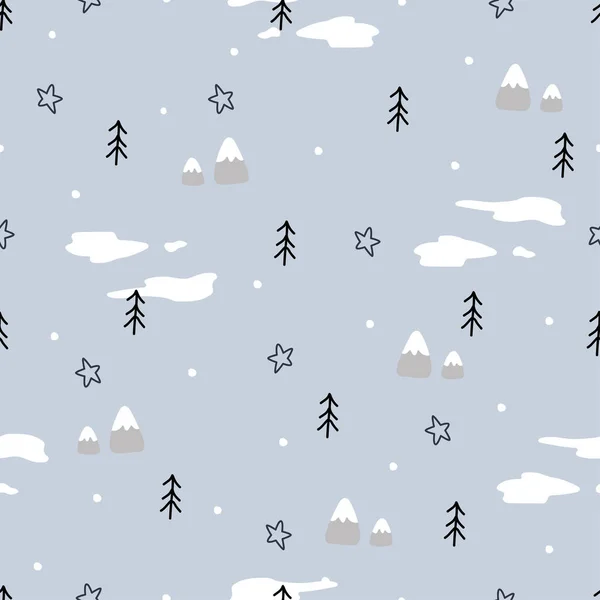 Zimní Pozadí Bezešvé Vzor Sněhem Borovicemi Ručně Kreslené Šedém Pozadí — Stockový vektor