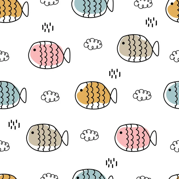 Απρόσκοπτη Μοτίβο Κινούμενο Σχέδιο Φόντο Πολύχρωμο Ψάρι Χειροποίητο Σχέδιο Παιδικό — Διανυσματικό Αρχείο