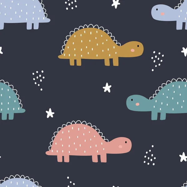 Dinosaurios Estrellas Patrón Sin Costuras Lindo Dibujo Animado Animal Fondo Gráficos Vectoriales