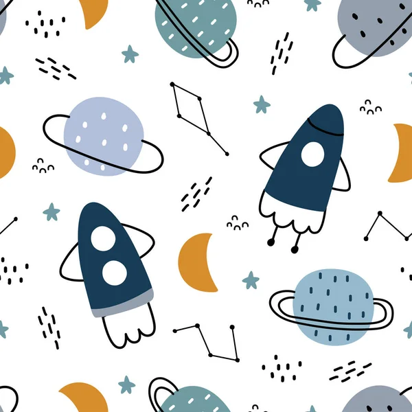 Space Background Kids Rocket Stars Seamless Pattern Design Cartoon Style — Stock Vector