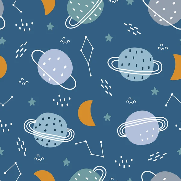 Space Background Kids Planet Crescent Moon Seamless Pattern Design Cartoon — Stock Vector