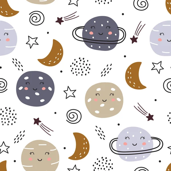 Space Background Kids Planet Seamless Pattern Design Cartoon Style Used — Stock Vector