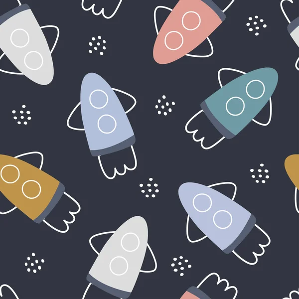 Space Background Kids Rocket Seamless Pattern Hand Drawn Design Cartoon — Stock Vector